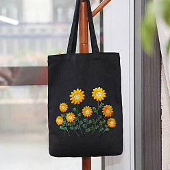 Gold DIY Chrysanthemum Pattern Black Canvas Tote Bag Embroidery Kit, including Embroidery Needles & Thread, Cotton Fabric, Plastic Embroidery Hoop, Gold, 390x340mm