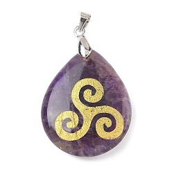 Аметист Подвески из натурального аметиста , с реечной обшивкой латунными выводами, без кадмия и без свинца, подвеска в виде капли и знака, 31x25x5~7 мм, отверстие : 4.5x4 мм