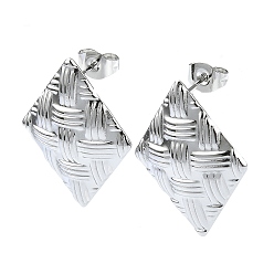 Stainless Steel Color 201 Stainless Steel Stud Earrings, with 304 Stainless Steel Pins, Textured Rhombus, Stainless Steel Color, 24x19mm