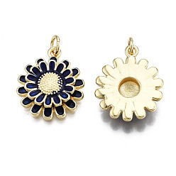 Prussian Blue Brass Enamel Pendants, Nickel Free, Real 16K Gold Plated, with Jump Rings, Chrysanthemum, Prussian Blue, 18.5x16x4mm, Jump Ring: 5x1mm, Inner Diameter: 3mm