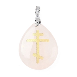 Розовый Кварц Природного розового кварца подвески, с реечной обшивкой латунными выводами, без кадмия и без свинца, подвеска в виде капли и креста, 31x25x5~7 мм, отверстие : 4.5x4 мм