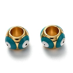 Dark Turquoise Brass European Enamel Beads, Long-Lasting Plated, Real 18K Gold Plated, Large Hole Beads, Round with Evil Eye, Dark Turquoise, 9x8.5x6mm, Hole: 4mm