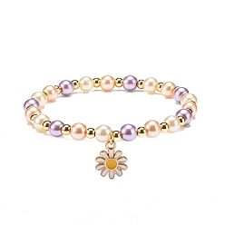 Colorful Glass Pearl Beaded Stretch Bracelet with Alloy Enamel Daisy Charm for Women, Colorful, Inner Diameter: 2-1/8 inch(5.4cm)
