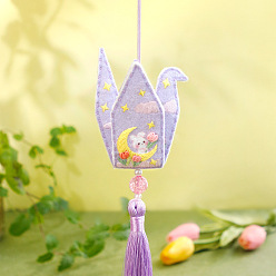 Lavender DIY Paper Cranes Knitting Pendant Decoration Kits for Beginners, including Crochet Needle, Yarn Needle, Support Wire, Stitch Marker, Lavender, 21x5.5cm