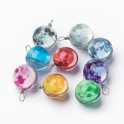 Mixed Color Luminous Glass Pendants, with Platinum Tone Brass Findings, Round, Mixed Color, 28~29x18~19mm, Hole: 4x5mm