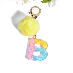 Letter B Resin Keychains, Pom Pom Ball Keychain, with KC Gold Tone Plated Iron Findings, Letter.B, 11.2x1.2~5.7cm