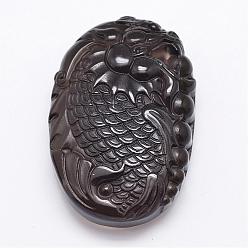 Black Natural Ice Crystal Obsidian Carven Pendants, Chinese Dragon, Black, 56x36.5x15.5mm, Hole: 1mm