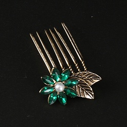 Emerald Flower Alloy Rhinestone Hair Combs, Hair Accessories for Women and Girls, Emerald, 43.6x26mm