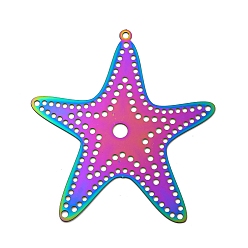 Starfish Ion Plating(IP) 201 Stainless Steel Etched Metal Embellishments Pendants, Rainbow Color, Starfish, 41.5x38x0.3mm, Hole: 1.2mm