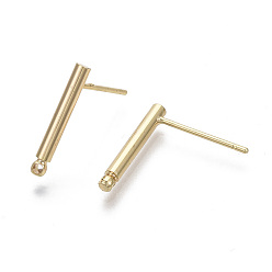 Real 18K Gold Plated Brass Stud Earring Findings, with Loops, Nickel Free, Bar, Real 18K Gold Plated, 15x2mm, Hole: 1mm, Pin: 0.7mm