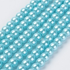 Sky Blue Eco-Friendly Dyed Glass Pearl Beads Strands, Grade A, Round, Cotton Cord Threaded, Sky Blue, 6mm, Hole: 1.2~1.5mm, about 70pcs/strand, 15.7 inch