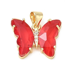 Red Brass Micro Pave Clear Cubic Zirconia Pendants, with Glass, Butterfly Charms, Lead Free & Cadmium Free, Long-Lasting Plated, Rack Plating, Real 18K Gold Plated, Red, 15x19x5mm, Hole: 5x3.5mm
