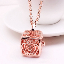 Rose Gold Brass Cage Pendant Necklaces, Square with Crown, Rose Gold, 19.69~31.50 inch(50~80cm) 