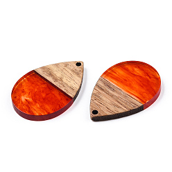 Orange Red Transparent Resin & Walnut Wood Pendants, Teardrop Charms, Orange Red, 36x24.5x3.5mm, Hole: 2mm