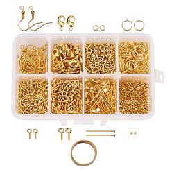 Golden Jewelry Finding Sets, with Iron Jump Rings, Screw Eye Pin Bail Peg, Head Pins and Brass Lobster Claw Clasps, Earring Hooks, Crimp Beads and Assistant Ring, Golden, Jump Ring: 4/8x0.7mm, Bail: 8/10x4/5x1/1.2mm, Headpin: 22x0.7mm, Clasp: 12x7x3mm, Hook: 19mm, Bead: 2mm