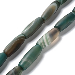Green Natural Striped Agate/Banded Agate Beads Strands, Dyed & Heated, Frosted, Rice, Green, 29~31x5~12mm, Hole: 2mm, about 10pcs/strand, 11.5 inch(37cm)