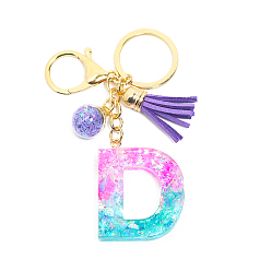 Letter D Resin Keychains, Tassel Keychain, Glass Ball Keychain, with Light Gold Tone Plated Iron Findings, Alphabet, Letter.D, 11.2x1.2~5.7cm