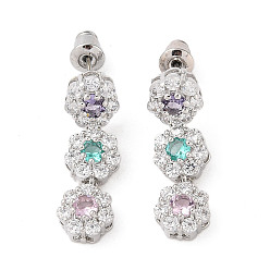 Разноцветный Серьги-гвоздики из латуни с микропаве из кубического циркония, долговечный, цветок, красочный, 25.5x8 мм