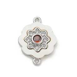 Цветок Подвески-коннекторы из латуни с микропаве из прозрачного кубического циркония и ракушки, с оранжево-красным стеклом, платина, цветок, 17.5x13x2.5 мм, отверстие : 1.2 мм
