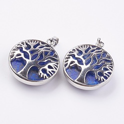Lapis Lazuli Natural Lapis Lazuli Pendants, with Platinum Tone Brass Findings, Flat Round with Tree of Life, 31.5x28x11.5mm, Hole: 5x7mm