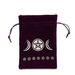 Purple Velvet Jewelry Pouches, Drawstring Bags with Moon Pattern, Purple, 18x13cm