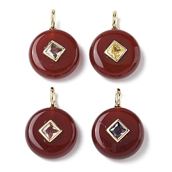 Красный Агат Природные сердолик подвески, плоские круглые подвески с латунной микропаве из кубических цирконий случайных цветов, золотые, окрашенная и подогревом, 22x16x6.5~8 мм, отверстие : 2.5x4 мм