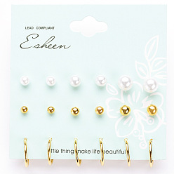 01 Golden 6735 Stylish 9-Pair Set of Pearl Ball Stud and U-Shaped Hoop Earrings Jewelry