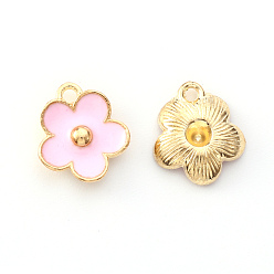 Pearl Pink Light Gold Plated Alloy Enamel Pendants, Flower, Pearl Pink, 13x11.5x3mm, Hole: 1.6mm