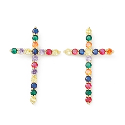 Colorful Brass Micro Pave Cubic Zirconia Big Pendants, Real 18K Gold Plated, Cross Charm, Religion, Colorful, 56x36.5x4mm, Hole: 2.7x4mm