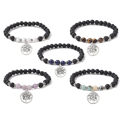 Mixed Stone Natural Lava Rock & Mixed Gemstone Round Beaded Stretch Bracelet, with Alloy Tree of Life Charms, Inner Diameter: 2-1/2 inch(6.5cm)