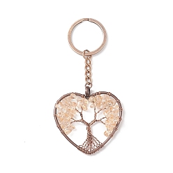 Citrine Natural Citrine Pendant Keychains, with Brass Findings and Alloy Key Rings, Heart with Tree of Life, 10.7cm