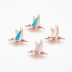 Rose Gold Brass Pendants, with Synthetic Opal and Cubic Zirconia, Bird, Mixed Color, Rose Gold, 14.5x17x2.5mm, Hole: 2.5x4mm