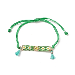 Spring Green Handmade Japanese Seed Rectangle with Flower Link Braided Bead Bracelet, Tassel Charm Bracelet for Women, Spring Green, Maximum Inner Diameter: 3-1/2 inch(9cm)