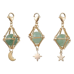 Green Aventurine Natural Green Aventurine Brass Pendant Decorations, Diamond with Star & Moon, 48~52mm, 3pcs/set