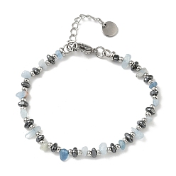 Аквамарин Браслет из бусин из натурального аквамарина и немагнитного синтетического гематита для женщин, с 201 нержавеющей сталью и 304 фурнитурой из нержавеющей стали, бусина : 3 мм и 3~3.5x3~7x3~7 мм, 7-1/4 дюйм (18.4 см)