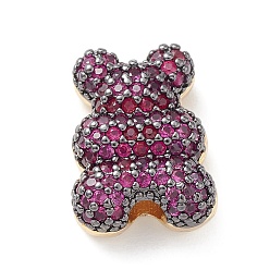 Hot Pink Brass Micro Pave Cubic Zirconia Beads, Real 18K Gold Plated, Bear, Hot Pink, 16x12x6mm, Hole: 2.5mm