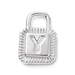 Letter Y Eco-friendly Rack Plating Brass Pendants, Cadmium Free & Lead Free, Long-Lasting Plated, Lock with Alphabet, Platinum, Letter.Y, 15x10x3mm, Hole: 3.5x4mm