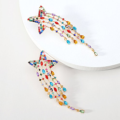 colorful Colorful Crystal Star Earrings with Fashionable Fringe Tassels and Hollow Alloy Design for Women's Personalized Ear Accessories