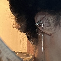 Platinum Alloy Rhinestone Cuff Earrings, Plastic Beads Tassel Earrings, Platinum, 50x50mm