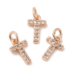 Real Rose Gold Plated Brass Micro Pave Grade AAA Cubic Zirconia Charms, Letter T, Cadmium Free & Nickel Free & Lead Free, Real Rose Gold Plated, 9x6x1.5mm, Hole: 2mm