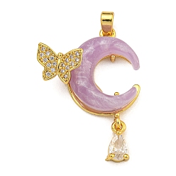 Лиловый Стойка металлическая латунная микропрофилированная кубическая циркония подвески, cmолой, долговечный, реальный 18 k позолоченный, луна и бабочка, сирень, 33x20x7.5 мм, отверстие : 2.5x3.5 мм