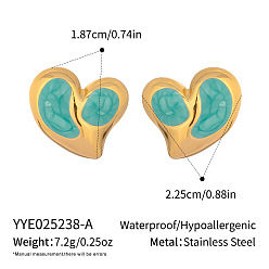 Зеленый Серьги-гвоздики в форме сердца из нержавеющей стали, реальный 18 k позолоченный, с эмалью, зелёные, 18.7x22.5 мм