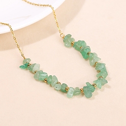 Green Aventurine Natural Green Aventurine Chips Beaded Necklaces, Golden Tone Stainless Steel Cable Chain Necklace for Women, 17.72 inch(45cm)