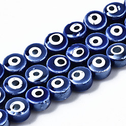 Blue Handmade Porcelain Ceramic Beads Strands, Bright Glazed Porcelain, Flat Round with Evil Eye, Blue, 8x5mm, Hole: 1.5mm, about 40pcs/strand, 12.01 inch(30.5cm)