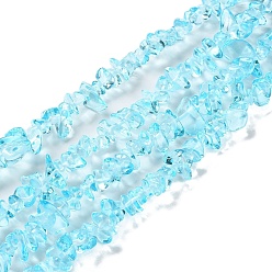 Sky Blue Spray Painted Transparent Glass Beads Strands, Imitation Gemstone, Chip, Sky Blue, 2~8x5~19x4.5~7.5mm, Hole: 0.4mm, 29.92''~31.10''(76~79cm)