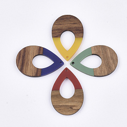 Mixed Color Resin & Walnut Wood Pendants, Teardrop, Mixed Color, 38x25.5x3mm, Hole: 2mm