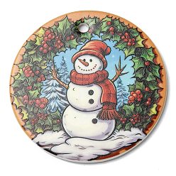 Snowman Christmas Handmade Printed Porcelain Big Pendants, Flat Round Charm, Snowman, 76x3.5mm, Hole: 5mm