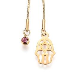 Golden Adjustable 304 Stainless Steel Lariat Necklaces, Slider Necklaces, with Snake Chains and Birthstone Charms, Hamsa Hand with Star of David, Indian Pink, Golden, 26.77 inch(68cm)