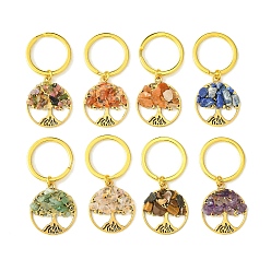 Antique Golden Tibetan Style Alloy & Natural Mixed Gemstone Chips Pendant Keychain, with Iron Split Rings, Flat Round with Tree of Life, Antique Golden, 5.35cm, 8pcs/set