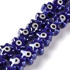 Blue Handmade Porcelain Ceramic Beads Strands, Famille Rose Style, Star with Evil Eye, Blue, 10.5x11x8mm, Hole: 3mm, about 32pcs/strand, 11.89~12.13 inch(30.2~30.8cm)